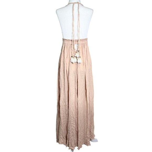 Free People Womens Dress M/L Light Pink Halter Maxi Tassel Tie Back Beachy Boho - Picture 2 of 9